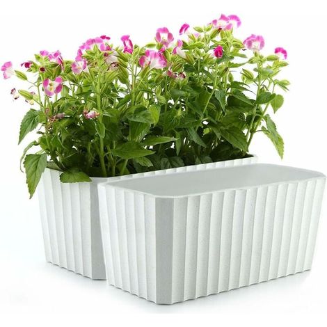 Bac à Fleurs Auto-Irrigation Blanc Plastique Rectangle Lot de 2, Pot avec Réserve d'eau et Indicateur de Niveau d'eau Pot avec Sys (1/5)
