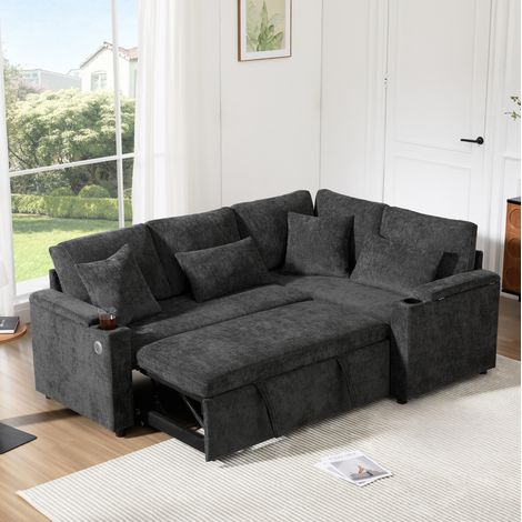 Ecksofa 206.5x141x86 cm dunkelgrau Chenille mit Schlaffunktion, Stauraum, USB und Getränkehalter (1/5)