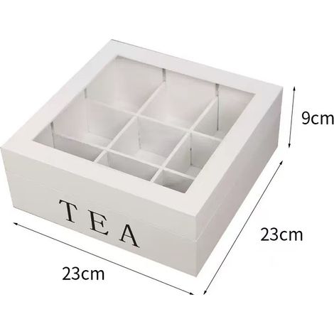 Boîte à thé à 9 compartiments - boîte de rangement en bois pour sachets de thé 22x22x8.5cm blanc (1/4)