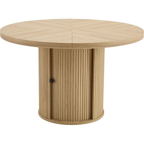 Table à manger ronde 115 cm avec rangement, plateau MDF décor bois, pied colonne avec armoire, design scandinave (1/5)