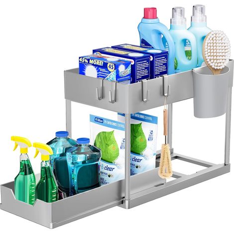 Lot de 1 Rangement sous Évier à 2 Étages, Organisateur Cuisine avec Tiroirs Amovibles, Rangement Coulissant sous Évier, Organisateur Placard, Étagère, Panier Coulissant pour Cuisine -Gris (1/5)