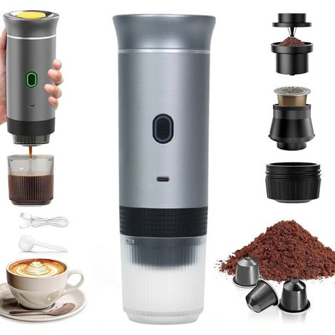 Machine à Café Portable de Voyage,Chauffage Rapide 3 En 1 Cafetiere Portable 12V, Auto-Chauffage de 4 à 6 Minutes, Grandes Capsules, Café Moulu, Pour Le Camping, Bureau, Maison, Voiture (argent) (1/5)
