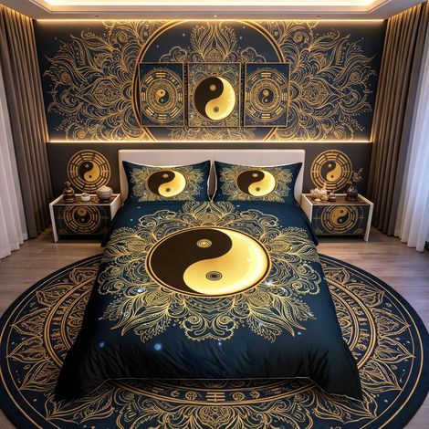 Parure de lit Yin Yang pour filles et garçons - Mandala bohème - Housse de couette - Motif cachemire - Motif floral exotique et bohème - Pour lit double - 3 pièces (1/4)