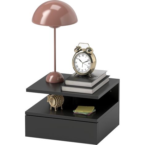 Table de chevet suspendue noire avec tiroir et étagère en bois, 35 x 32 x 22,5 cm