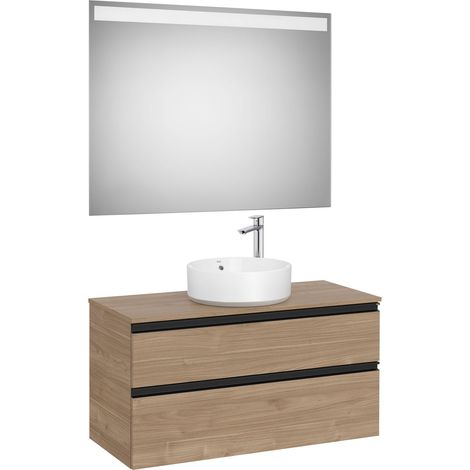 Pack meuble "The gap" 1000 pour vasque à poser - 2 tiroirs + plan + miroir LED - noyer/poignées noires - Roca (1/2)