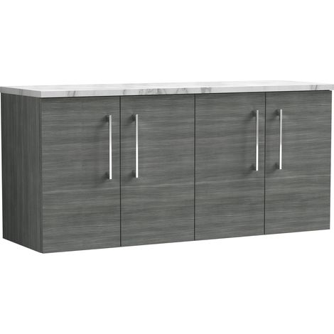 Balterley Bramshall 1200mm Wall Hung 2 Door Vanity Unit with Laminate Worktop for Modern Bathroom Storage - Anthracite Woodgrain