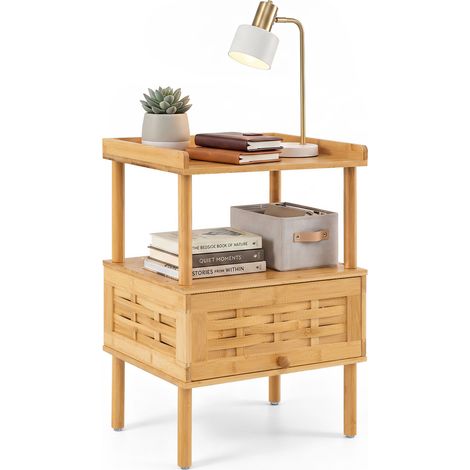 Table de Chevet en Bambou avec Étagère de Rangement Bout de Canapé Style Bohème avec Plateau à Rebords, Porte Rabattable Magnétique, 41x31x59 cm (1/4)