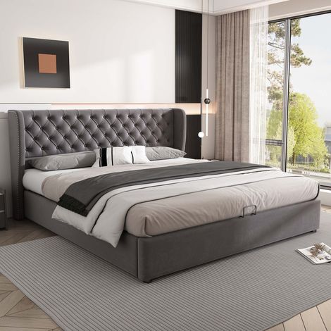 Lit coffre 160x200 cm velours gris, tête de lit Chesterfield oreilles, sommier à lattes inclus, rangement hydraulique (1/5)