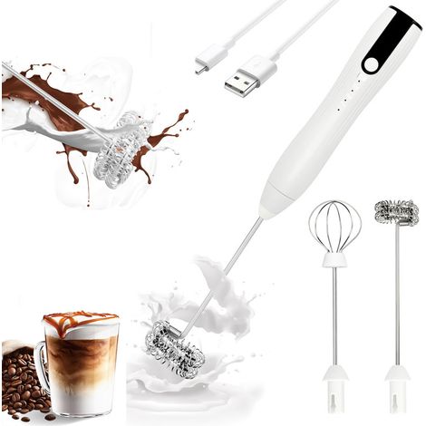 Mousseur à lait USB C rechargeable lot de 1 blanc avec 2 fouets 3 vitesses et support pour café matcha et œufs (1/5)