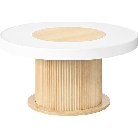 Table basse ronde en MDF et PVC avec plateau bicolore blanc et effet bois, pied cylindrique strié, 75x75x39 cm (1/5)
