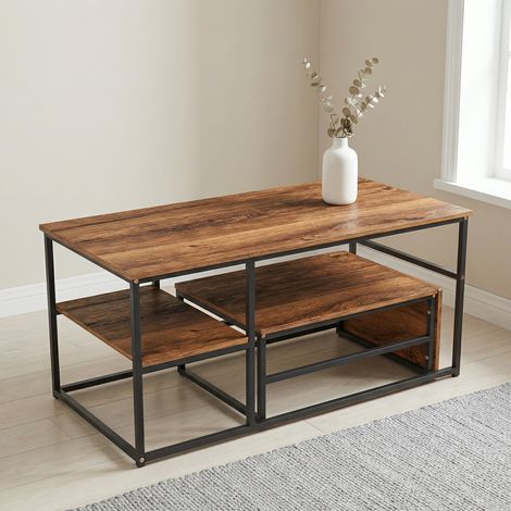 Tavolino da salotto, Set di 2 tavolini sovrapponibili 105cm, Tavolo da caffè versatile e salvaspazio, Metallo e Legno, Design Moderno, Effetto legno+Nero