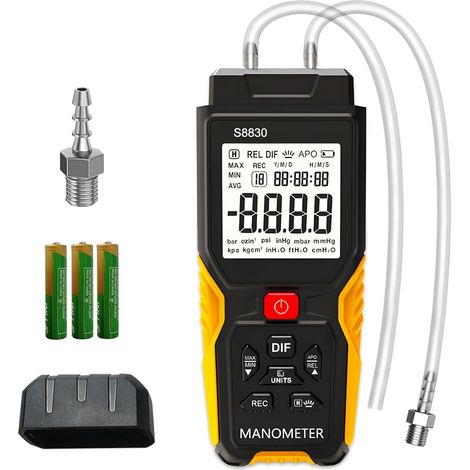 Manomètre Numérique Testeur de Pression Différentielle ± 36,80 KPa Résolution 0,1 12 Unités Jauge de Pression de Gaz HVAC Double Port avec Alarme de Surpression et Enregistrement des Données (1/5)