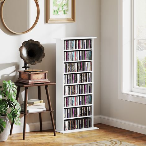 Rangements CD et DVD, 8 compartiments 6 étagères réglables, capacité 360 CD/185 DVD/Blu-ray, blanc
