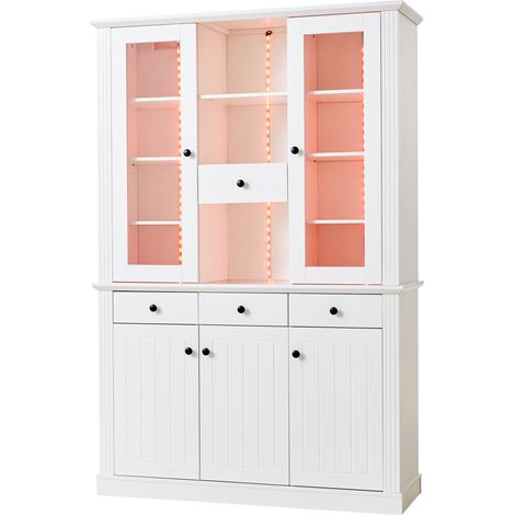 Vitrina blanca 119,5 x 40 x 180 cm con 4 cajones, 5 puertas, 21 huecos, LED, MDF y vidrio templado (1/5)