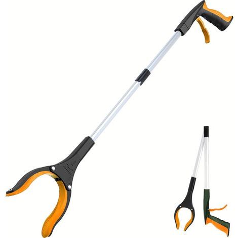 82 cm lange, faltbare Müllgreifzange, 90° drehbarer Greifkopf mit magnetischen Spitzen zum Aufsammeln von Müll ohne Bücken (orange) (1/5)