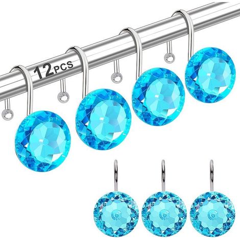 Lot de 12 crochets de douche décoratifs en acrylique cristal diamant bleu, anneaux en acier inoxydable pour rideau de bain, accessoires de salle de bain élégants, fixation robuste et brillante (1/5)