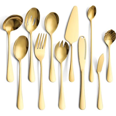 Gebrauchsgegenstände Edelstahl Besteckset, Tafelservice Löffel, Gabel, Sieb, Buttermesser (11-teilig, gold) (1/5)