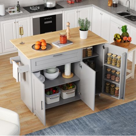 Küchenwagen 120x70 cm aus grauem Mdf, klappbare Platte in Eichenoptik, Stauraum, 5 Rollen (1/5)