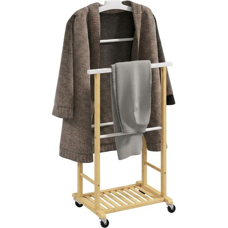 Valet de chambre en bambou à roulettes. avec cintre supérieur. barres pour pantalons et étagère à chaussures inférieure. naturel et blanc (1/5)