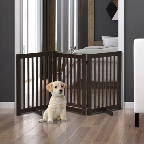 Barrière de protection autoportante pour chiens en MDF marron foncé, pliable et réglable (1/5)
