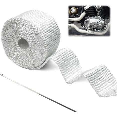 Bande Thermique Echappement, 5m x 5cm Bande d'Échappement avec 2 Attaches de Câble Isolant Thermique Echappement pour Tuyeau Collecteur Echappement Moto Bande Isolante Thermique, 1 Pièces, Blanc (1/5)