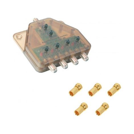 Amplificateur TNT UHF, Distributeur Télé alimenté 1 entrée 4 sorties + 5 Fiches F Or - Gain maxi 4 x 40 dB, Réglable (1/3)