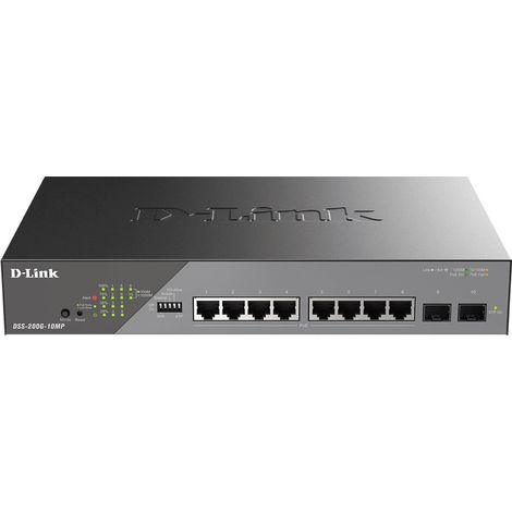 Switching Hub D-LINK DSS-200G-10MP/E con 8 porte 10/100/1000 Mbps, 2 porte SFP 1000 Mbps, capacit� di commutazione di 20 Gbps, velocit� di inoltro massima di 14,9 Mpps e ampia capacit� della tabella M