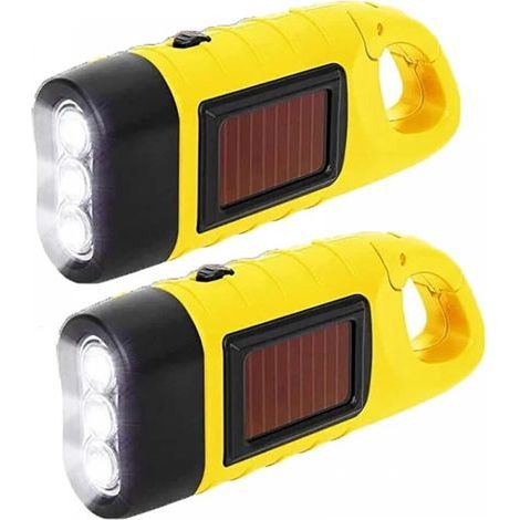 Lot de 2 lampes de poche à manivelle, Lot de 2 lampes de poche LED solaires, Lampe de poche Manivelle, LED rechargeable Étanche Torche dynamo de survie pour sports de plein air jaune (1/5)