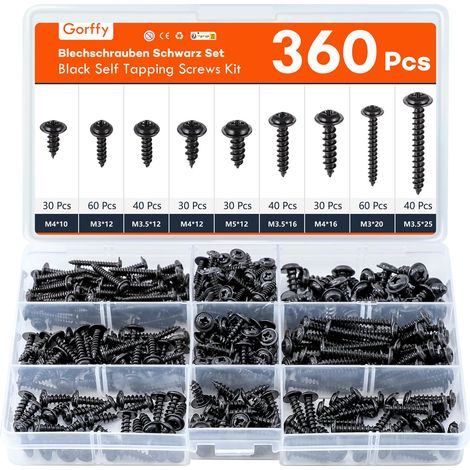 Vis à tôle, lot de 360 vis noires, vis autotaraudeuses à tête fraisée, assortiment de vis à bois avec boîte de rangement pour projets de bricolage, réparation (1/5)