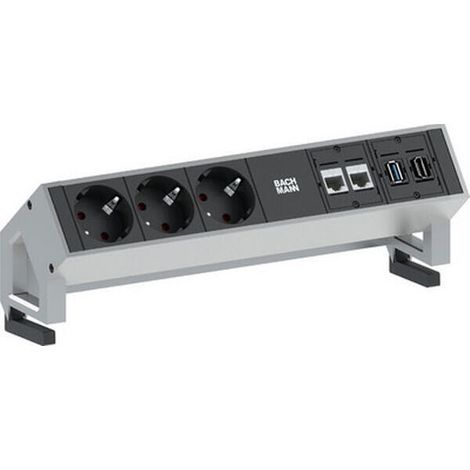 Bachmann 3x Schuko 2x CAT6 1x HDMI, 1x USB3.0 base múltiple 1,5 m 3 salidas AC Negro, Acero inoxidable
