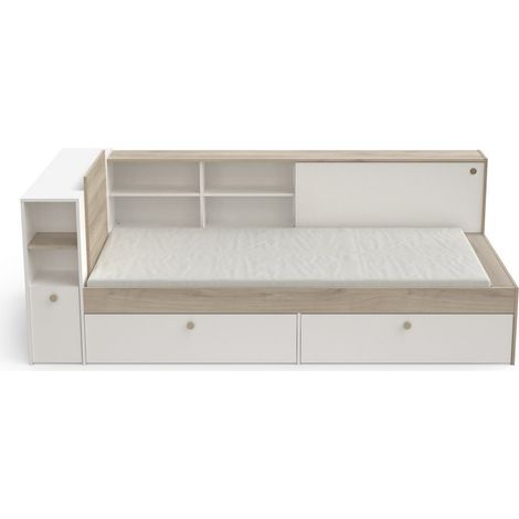 Lit enfant LIFE 1 personne - 90X190/200 - Rangements - Décor Chene et blanc - DEMEYERE - Fabriqué en France (1/5)
