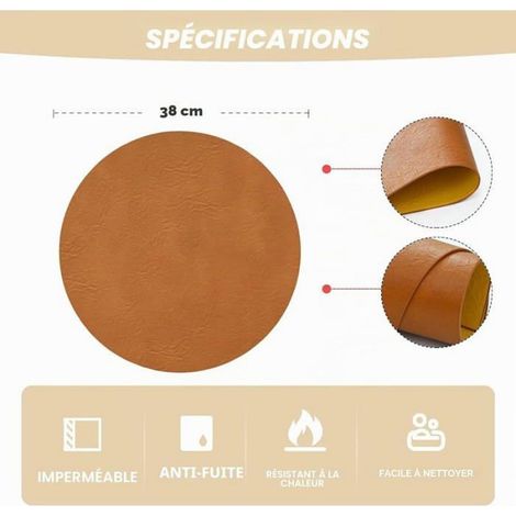 Set De Table Rond - Cuir Synthétique Double Face - 38 Cm - Lavable - Résistant Aux Taches - Lot De 6 (1/5)
