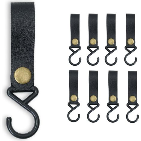 8 pièces Crochets en S Noir avec Boucle en Cuir - Hooks pour Cuisine, Salle de Bain, Dressing & Camping - Accroche-Vêtements, Porte-Serviettes, Housses Murales (12 x 3 cm) - Pratique et Résistant