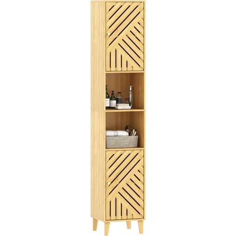 Colonne de Salle de Bain Étroite en Bambou 32x30x170 cm avec Portes et Étagères Ajustables Finition Naturelle (1/5)
