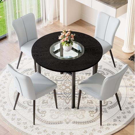 Ensemble table ronde 100 cm en MDF noir et chaises PU gris, pour salle à manger – MEUBLIV (1/5)