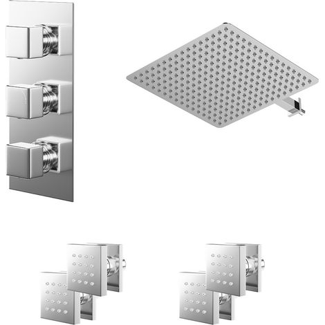 Cubix Polished Chrome Concealed Triple Thermostatic Shower Valve and 400mm Square Head with 345mm Wall Arm and 4 Body Jets - 2 Outlet (1/5)