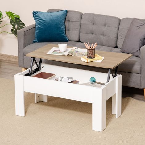 Mesa de Centro Elevable con Encimera Elevable con Espacio Oculto de Almacenaje 100x50x45-58,5 cm Blanco y Natural (1/5)