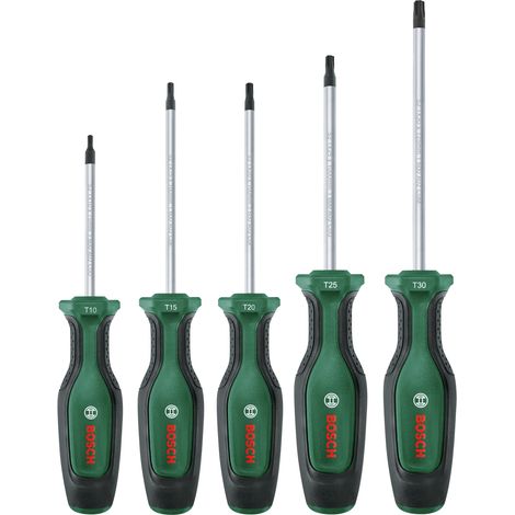 Jeu de tournevis Bosch Torx (acier S2 de première classe, poignée souple, pointe magnétique, 5 pièces)