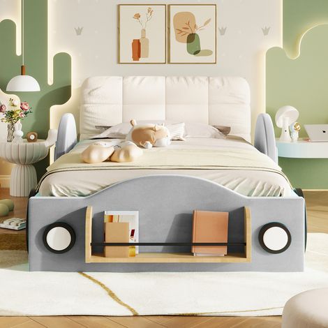 Lit capitonné 90x200 cm, housse en velours, coffre de rangement hydraulique, poches latérales, étagère pour livres, meuble pour enfant ou ado, avec grand coussin de tête (1/5)