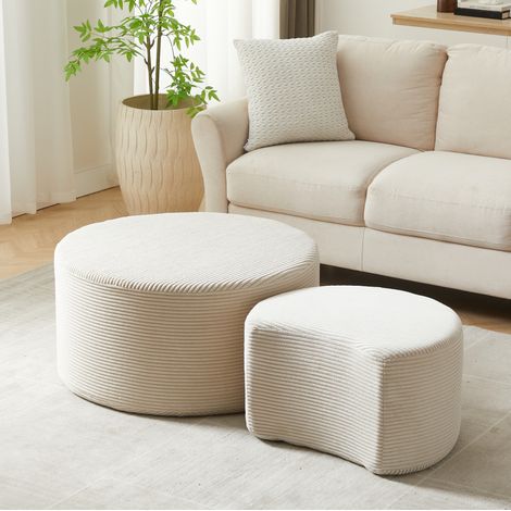 Set de 2 mesas de centro redondas beige en tela acolchada sin montaje (1/5)