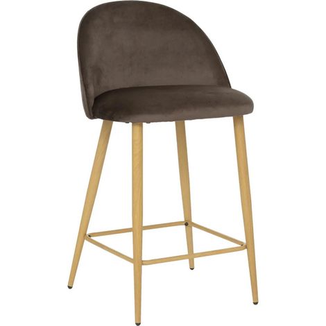 Atmosphera – Tabouret de bar en velours taupe – Pieds effet bois – Hauteur assise 65 cm – Confort optimal pour cuisine ou îlot (1/3)