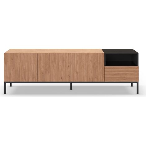 Meuble TV CAILIN – Coloris chene artisan & noir – 3 portes et 1 niche + 1 tablette fixe – 180 x 40 x 55 cm (1/5)