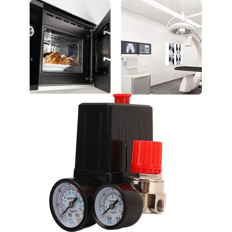 Kit d'accessoires pour compresseur d'air comprenant un support de régulation de pression à quatre voies, un ensemble de pressostat automatique et un connecteur de type européen. (1/5)