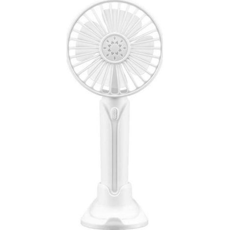 Ventilateur portable rechargeable blanc, 3 vitesses de ventilation, livré avec une base, idéal pour une utilisation estivale.