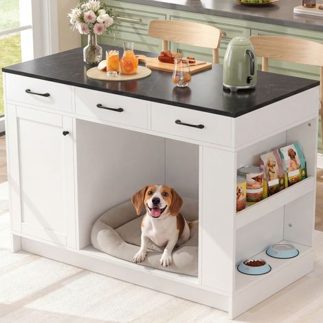 Îlot de cuisine 120/60/90 cm blanc avec 3 tiroirs, espace pour animal et étagère réglable (1/5)