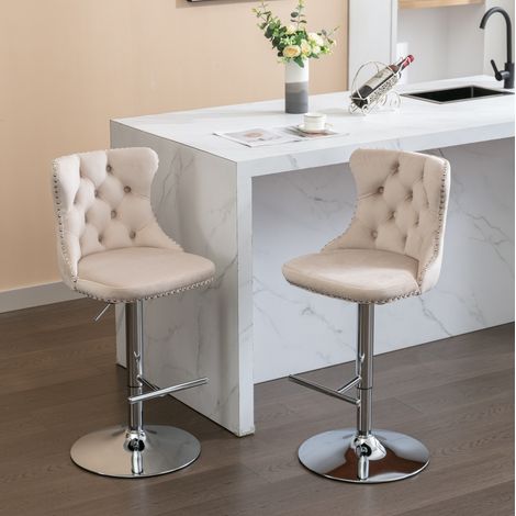 Chaise de bar pivotante en velours beige, réglable en hauteur, avec dossier (1/5)