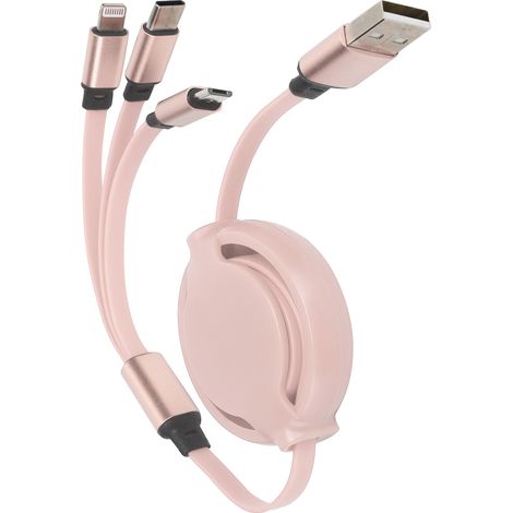 Câble de charge rétractable 3 en 1 avec ports Type-C, Lightning et Micro-USB, 3A, rose cerise (1/5)