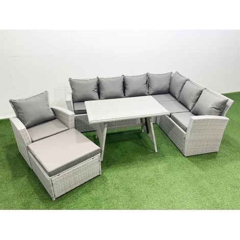 Fimous 8 Seater Garden Outdoor Rattan Furniture Set Rattan Corner Sofa Oblong Dining Table with Armchair Big Footstool Light Grey Mixed (1/4)