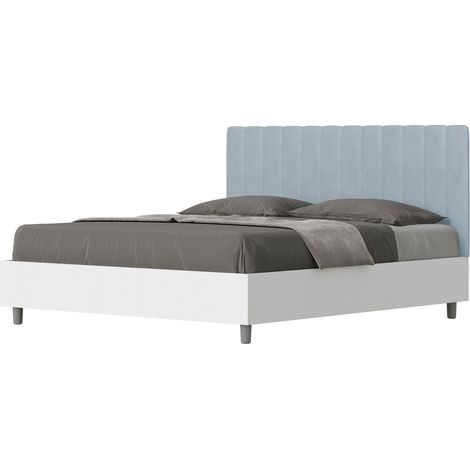 Letto matrimoniale contenitore doppia alzata 160x190 bianco frassino testata microfibra azzurro Kaia