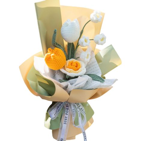 1 bouquet Fleurs artificielles au crochet, tulipes et marguerites, décoration intérieure durable, sans entretien, idéal pour cadeau ou événement (1/5)
